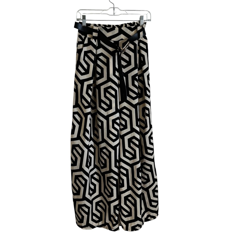 Italy Moda Maxi pants Print Belted High Waist Flowy Black Beige‎ small